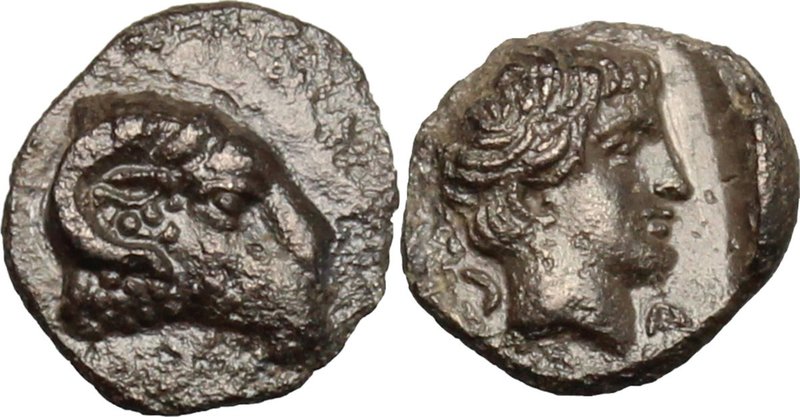 Greek Asia. Caria, Kasolaba. AR Hemiobol, 420-390 BC. D/ Head of ram right. R/ H...