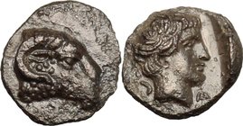 Greek Asia. Caria, Kasolaba. AR Hemiobol, 420-390 BC. D/ Head of ram right. R/ Head of young male right; Carian letter to left and right. Konuk, Kasol...