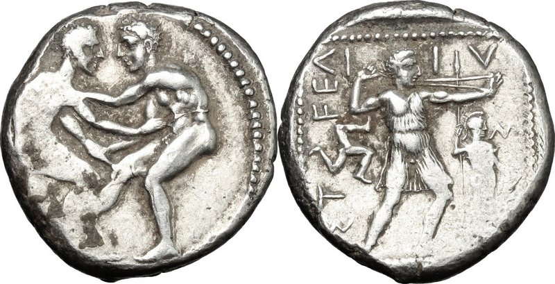 Greek Asia. Pamphylia, Aspendos. AR Stater, c. 420-410 BC. D/ Two nude wrestlers...