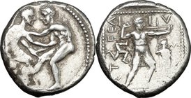Greek Asia. Pamphylia, Aspendos. AR Stater, c. 420-410 BC. D/ Two nude wrestlers, standing and grappling with each other. R/ EΣTFEΛ-I-IY-Σ. Slinger in...