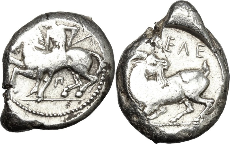 Greek Asia. Cilicia, Kelenderis. AR Stater, c. 425-380 BC. D/ Naked ephebus hold...