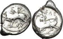 Greek Asia. Cilicia, Kelenderis. AR Stater, c. 425-380 BC. D/ Naked ephebus holding whip, seated sideways on horse galoping left, Π below horse's bell...