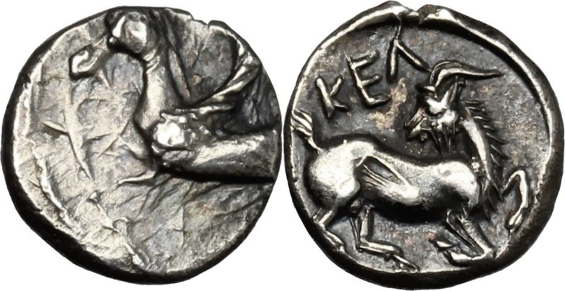 Greek Asia. Cilicia, Kelenderis. AR Obol, c. 410-375 BC. D/ Forepart of Pegasos ...