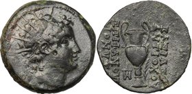 Greek Asia. Syria, Seleucid Kings. Antiochos VI Dionysos (145-142 BC). AE "Amphora Unit" Apameia ad Orontem mint. D/ Radiate head right. R/ BAΣIΛEΩΣ A...