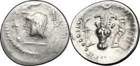 Greek Asia. Arabia Felix. Himyarites & Sabaeans. Saba’. AR Scyphate Unit, 1st century AD. D/ Male head left within torques; before, monogram; behind, ...