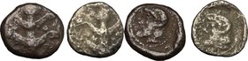 Africa. Cyrenaica, Cyrene. Multiple lot of two (2) unclassified coins: AR Drachm and Attic Hemidrachm (?), 5th century BC. D/ Silphium plant. R/ Head ...