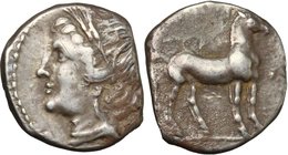 Africa. Zeugitania, Carthage. AR Quarter Sheqel or Hemidracm. Second Punic War. 220-210 BC. D/ Head of Tanit left. R/ Horse standing right. Müller II,...
