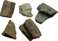 Aes Premonetale. Aes Rude and Formatum. Lot of five (5) fragments. Central Italy, 8th-4th century BC. Vecchi ICC 1; Haeb Pl. 2,3 and Pl. 3,3-6. AE. g....