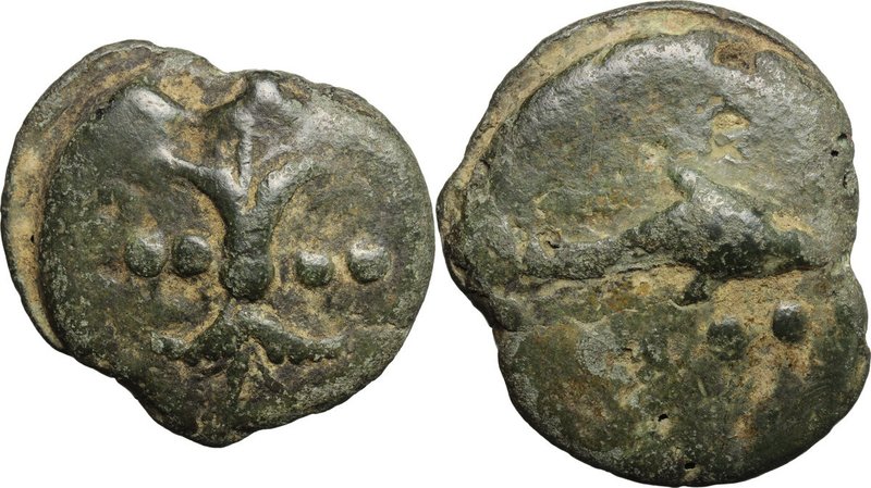 Dioscuri/Mercury series. AE Cast Triens, c. 280 BC. D/ Thunderbolt; on either si...