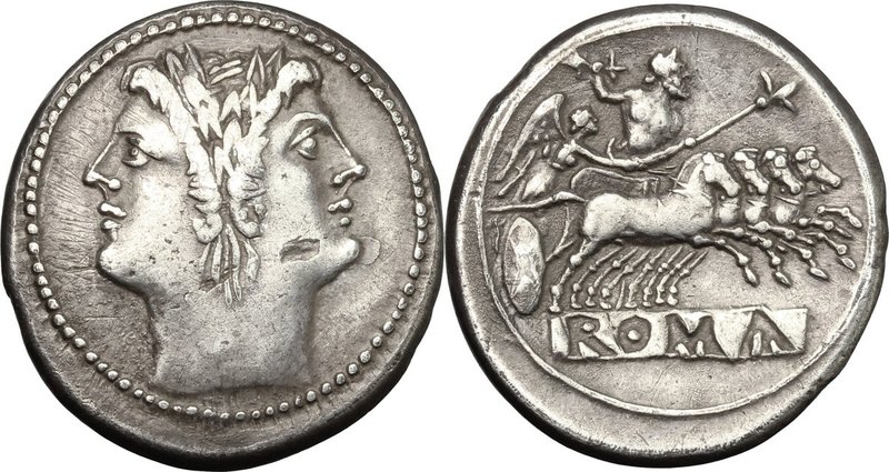 Anonymous. AR Quadrigatus, c. 225-214 BC. D/ Laureate Janiform head of Dioscuri....