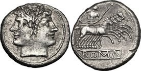 Anonymous. AR Quadrigatus, c. 225-214 BC. D/ Laureate Janiform head of Dioscuri. R/ Jupiter, holding sceptre and hurling thunderbolt, in fast quadriga...
