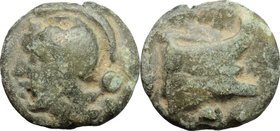 Janus/prow to right libral series. AE Cast Uncia, c. 225-217 BC. D/ Helmeted head of Roma left; behind, pellet. R/ Prow right; below, pellet. Cr. 35/6...