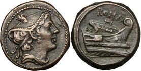 Semilibral series. AE Semuncia, 217-215 BC. D/ Head of Mercury right, wearing winged petasus. R/ ROMA. Prow right. Cr. 38/7. AE. g. 6.78 mm. 19.50 A v...