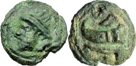 Post-semilibral series. AE Cast Semis, 215-212 BC. D/ Laureate head of Saturn left; behind, S. R/ Prow left; above, S. Cr. 41/6 a. T.V. 71. AE. mm. 34...