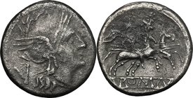 Anonymous. AR Quinarius, after 211 BC. D/ Helmeted head of Roma right; behind, V. R/ The Dioscuri galloping right; in exergue, ROMA. Cr. 47/1a. AR. g....