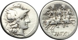 Anonymous. AR Denarius, after 211 BC. D/ Helmeted head of Roma right; behind, X. R/ The Dioscuri galloping right; below, ROMA in linear frame. Cr. 53/...