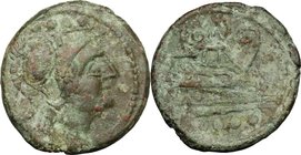 Sextantal series. AE Triens, after 211 BC. D/ Helmeted head of Minerva right; above, four pellets. R/ Prow right; above, ROMA; below, four pellets. Cr...