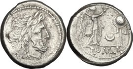 Crescent (first) series. AR Victoriatus, 207 BC. D/ Laureate head of Jupiter right. R/ Victory right, crowning trophy; in field, crescent; in exergue,...