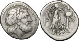 VB series. AR Victoriatus, 211-208 BC. D/ Laureate head of Jupiter right. R/ Victory standing right, crowning trophy; between, VB ligate; in exergue, ...