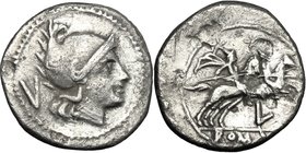 L series. AR Quinarius, Luceria mint, 211-208 BC. D/ Head of Roma right, wearing Phrygian helmet; behind, V. R/ The Dioscuri galloping right; below, L...