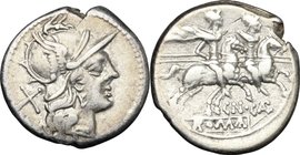 Cn. Calpurnius Piso. AR Denarius, 189-180 BC. D/ Helmeted head of Roma right; behind, X. R/ The Dioscuri galloping right; below, horses, CN CALP ligat...