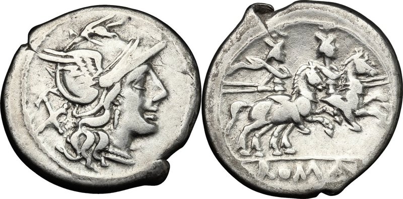Anonymous. AR Denarius, 179-170 BC. D/ Helmeted head of Roma right; behind, X. R...
