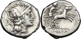 Anonymous. AR Denarius, circa 157-156 BC. D/ Helmeted head of Roma right; behind, X. R/ Victory in biga right; holdins reins in left hand and goad in ...