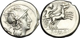 AR Denarius, circa 157-156 BC. D/ Helmeted head of Roma right; behind, X. R/ Victory in biga right; holdins reins in left hand and goad in right; in e...