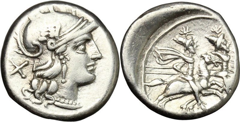 Anonymous. AR Denarius, 157-156 BC. D/ Helmeted head of Roma right; behind, X. R...