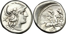Anonymous. AR Denarius, 157-156 BC. D/ Helmeted head of Roma right; behind, X. R/ The Dioscuri galloping right; in exergue, [ROMA]. Cr. 198/1. AR. g. ...