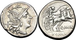 C. Maianius. AR Denarius, 152 BC. D/ Helmeted head of Roma right; behind, X. R/ Victory in biga right; below horses, C. MAIANI; in exergue, ROMA. Cr. ...