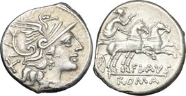 Decimius Flavus. AR Denarius, 150 BC. D/ Helmeted head of Roma right; behind, X. R/ Diana in biga right; below horses, FLAVS; in exergue, ROMA. Cr. 20...