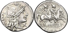 M. Atilius Saranus. AR Denarius, 148 BC. D/ Helmeted head of Roma right; behind, SARAN downwards; before, X. R/ The Dioscuri galloping right; below, M...