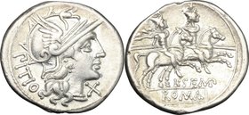 L. Sempronius Pitio. AR Denarius, 148 BC. D/ Helmeted head of Roma right; behind, PITIO; before, X. R/ Dioscuri galloping right; below, L.SEMP; in exe...
