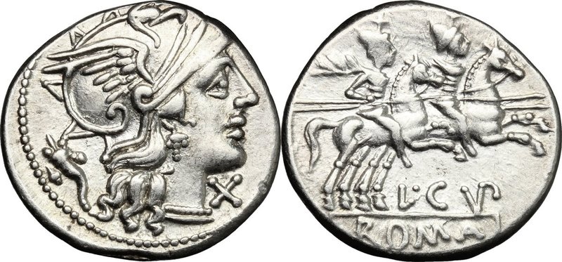 L. Cupiennius. AR Denarius, 147 BC. D/ Helmeted head of Roma right; below chin, ...