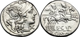 L. Cupiennius. AR Denarius, 147 BC. D/ Helmeted head of Roma right; below chin, X; behind, cornucopiae. R/ The Dioscuri galloping right; below horses,...