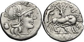 Sex. Pompeius Fostlus. AR Denarius, 137 BC. D/ Helmeted head of Roma right; below chin, X; behind, jug. R/ SEX. PO. [FOSTLVS]. She-wolf suckling twins...