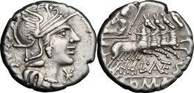 L. Antestius Gragulus. AR Denarius, 136 BC. D/ Helmeted head of Roma right; below chin, X; behind, GRAG. R/ Jupiter in fast quadriga right, hurling th...