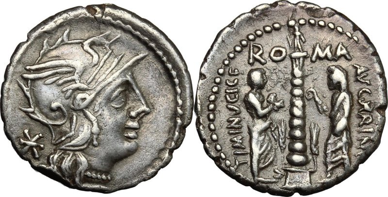 Ti. Minucius C. f. Augurinus. AR Denarius, 134 BC. D/ Helmeted head of Roma righ...