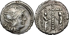 Ti. Minucius C. f. Augurinus. AR Denarius, 134 BC. D/ Helmeted head of Roma right; behind, X. R/ RO-MA above, divided by Ionic column on which statue ...