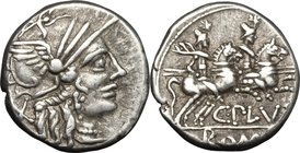 C. Plutius. AR Denarius, 121 BC. D/ Helmeted head of Roma right; behind, X. R/ The Dioscuri galloping right; below, C. PLVTI; in exergue, ROMA. Cr. 27...