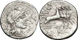 Q. Curtius. AR Denarius, 116 or 115 BC. D/ Helmeted head of Roma right; before, Q. CVRT; behind, X. R/ Jupiter in quadriga right, holding sceptre and ...
