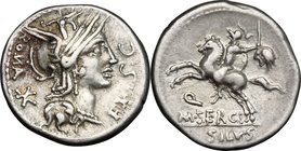 M. Sergius Silus. AR Denarius, 116-115 BC. D/ Helmeted head of Roma right; before, EX. S.C; behind, ROMA and X. R/ Horseman left, holding sword and a ...
