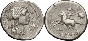 M. Sergius Silus. AR Denarius, 116-115 BC. D/ Helmeted head of Roma right; before, EX. S.C; behind, ROMA and X. R/ Horseman left, holding sword and a ...