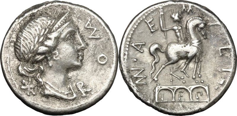 Mn. Aemilius Lepidus. AR Denarius, 114 or 113 BC. D/ Laureate and diademed head ...