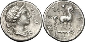 Mn. Aemilius Lepidus. AR Denarius, 114 or 113 BC. D/ Laureate and diademed head of Roma right; before, ROMA; behind, X. R/ Three arches on which stand...