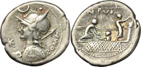 P. Nerva. AR Denarius, 113-112 BC. D/ Head of Roma left, holding spear and shield; before, X; above, crescent; behind, ROMA. R/ P. NERVA. Three citize...
