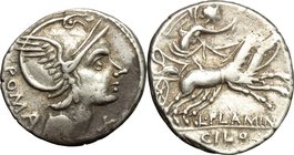 L. Flaminius Chilo. AR Denarius, circa 109-108 BC. D/ Helmeted head of Roma right; behind, ROMA and below chin, X. R/ Victory in prancing biga right; ...