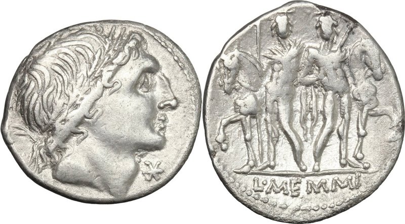 L. Memmius. AR Denarius, 109-108 BC. D/ Young male head right (Apollo?), wearing...