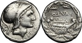 Q. Lutatius Cerco. AR Denarius, 109-108 BC. D/ Head of Roma right, wearing helmet decorated with stars; behind, X; above, ROMA; below chin, CERCO. R/ ...
